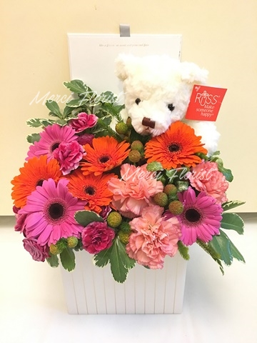 **Healthy** Fuchsia Gerbera with Little White Bear<br>桃紅色太陽花及白色熊仔花盒